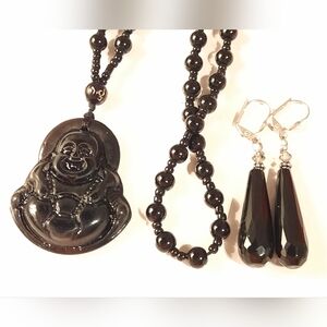 Black Onix Beaded Buddha Necklace and Earrings Set